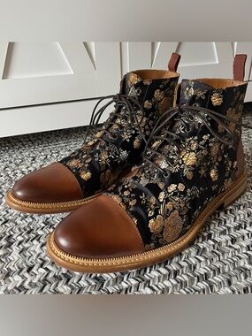 TAFT Floral Jacquard Cap Toe Boots Mens 44 US 11 Leather Lace Up